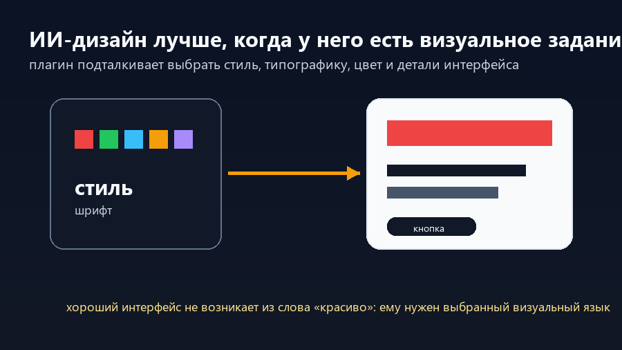 Палитра, шрифт и визуальное направление превращаются в интерфейс через frontend-design plugin
